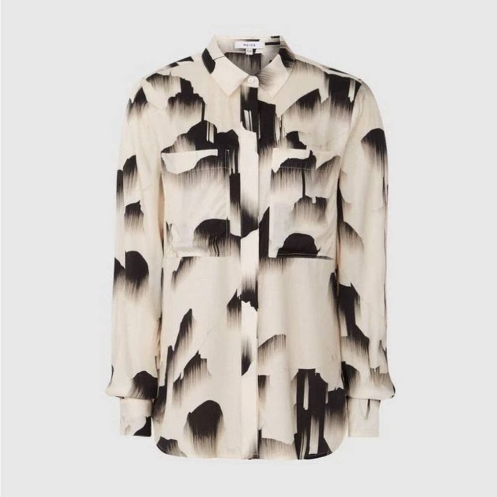 REISS Casper Print Lea Glacier Tan, Black, & White Twin Pocket Button Up Blouse